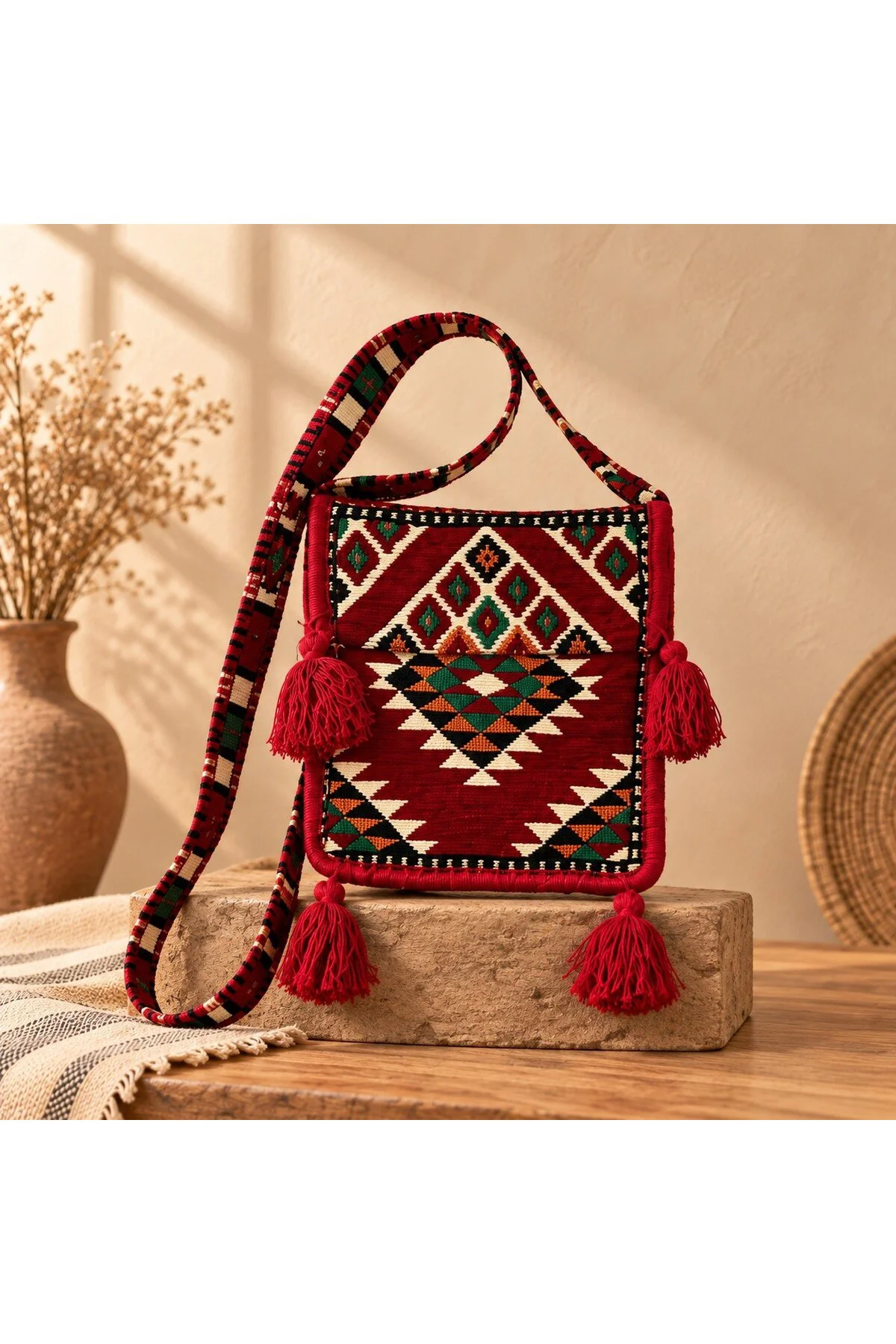 3’lü Kilim Desenli Dokuma Set | Omuz Çantası + Mini Çanta + Dekoratif Duvar Süsü