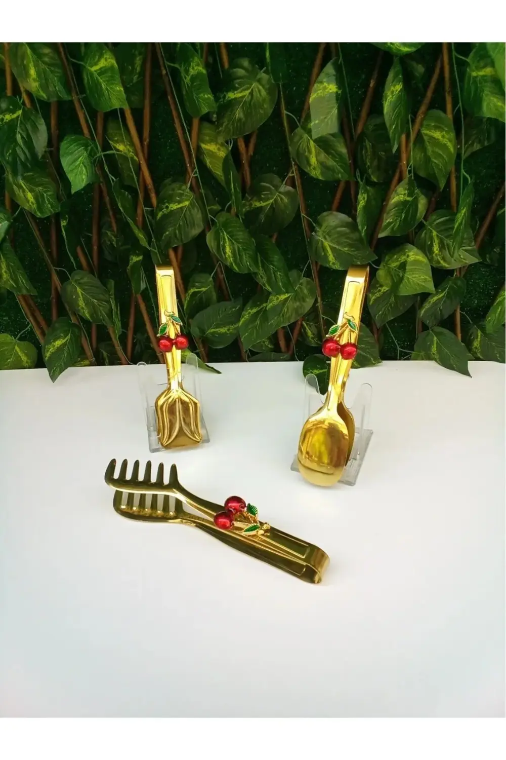 3'lü Kiraz Aksesuarlı Gold Servis Maşa Seti - Salata Makarna Past