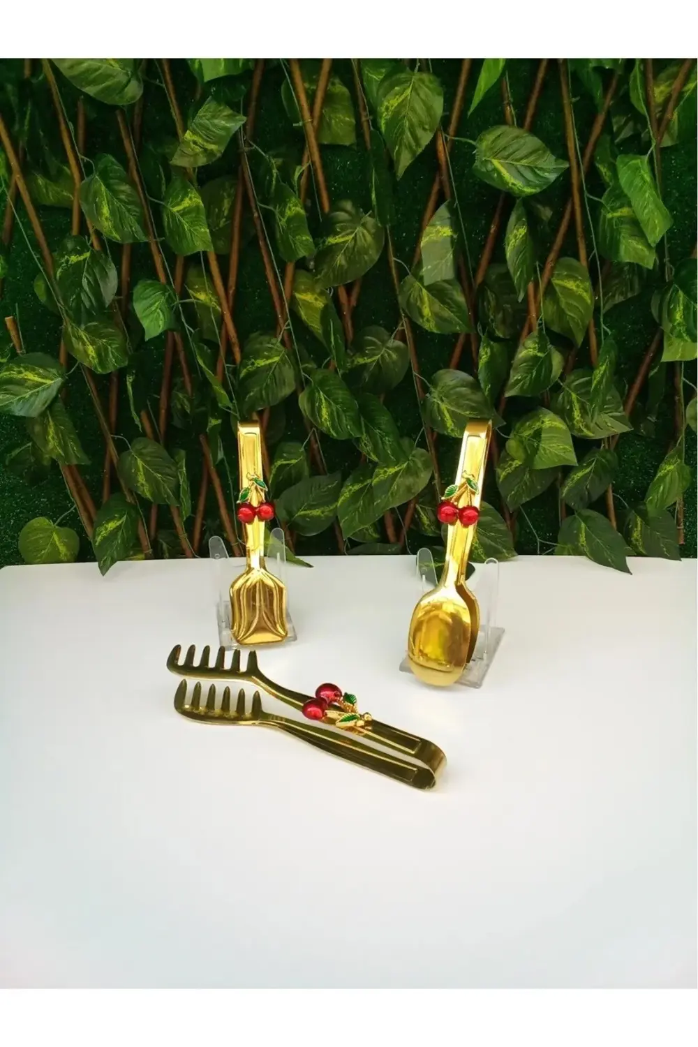 3'lü Kiraz Aksesuarlı Gold Servis Maşa Seti - Salata Makarna Past