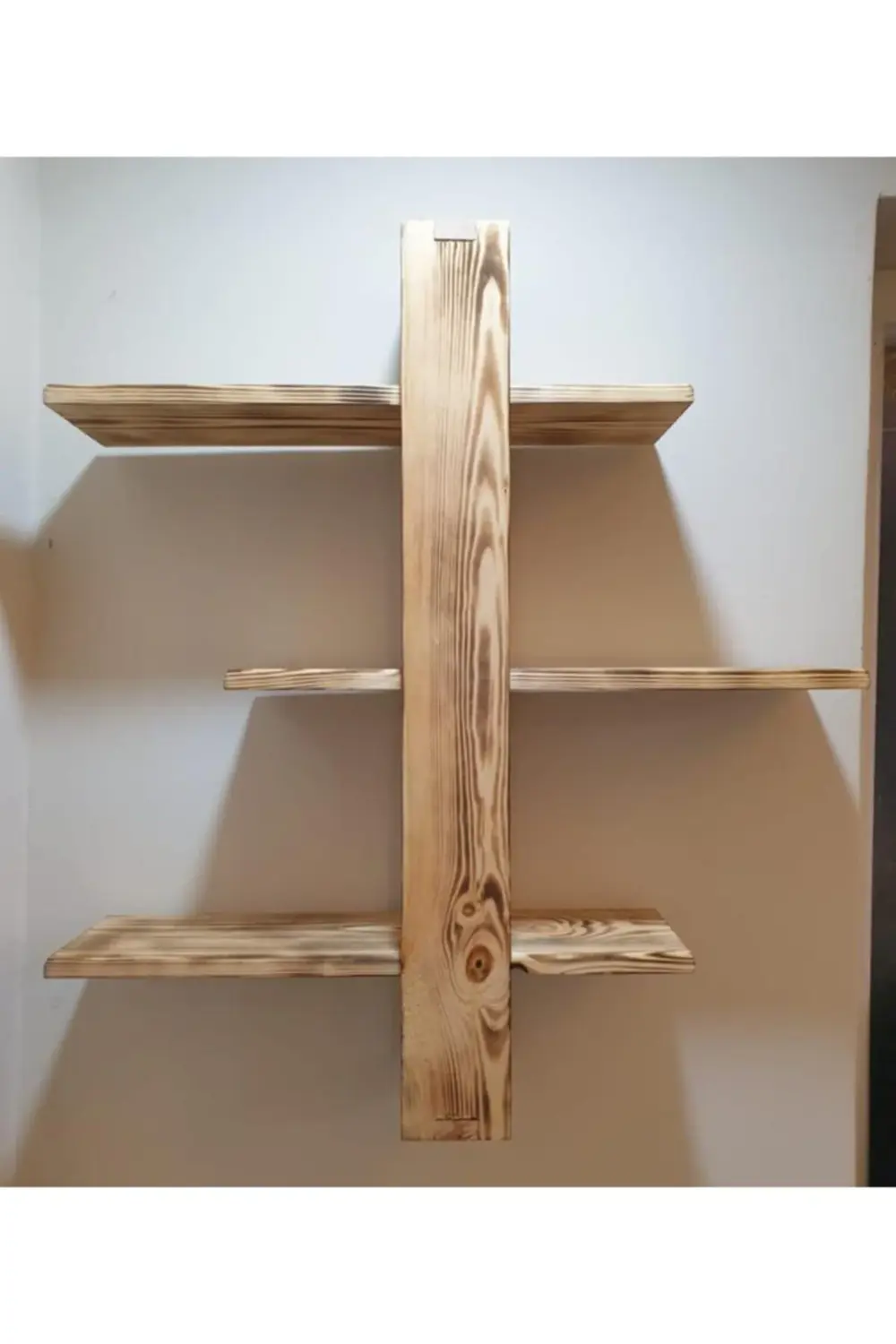 3'lü Kızaklı-kaydırılabilir Eskitme Dekoratif Ahşap Duvar Rafı