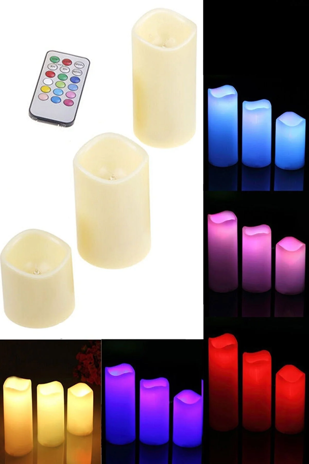 3'lü Kumandalı Led Mum Seti 12 Farklı Renk (3 Boy Mum Ve Uzaktan Kumanda)