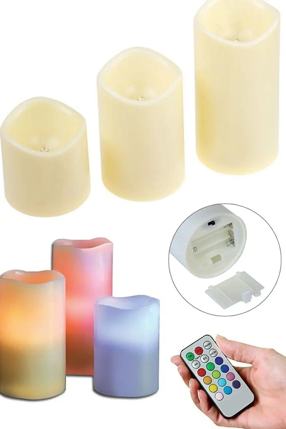 3'lü Kumandalı Led Mum Seti 12 Farklı Renk (3 Boy Mum Ve Uzaktan