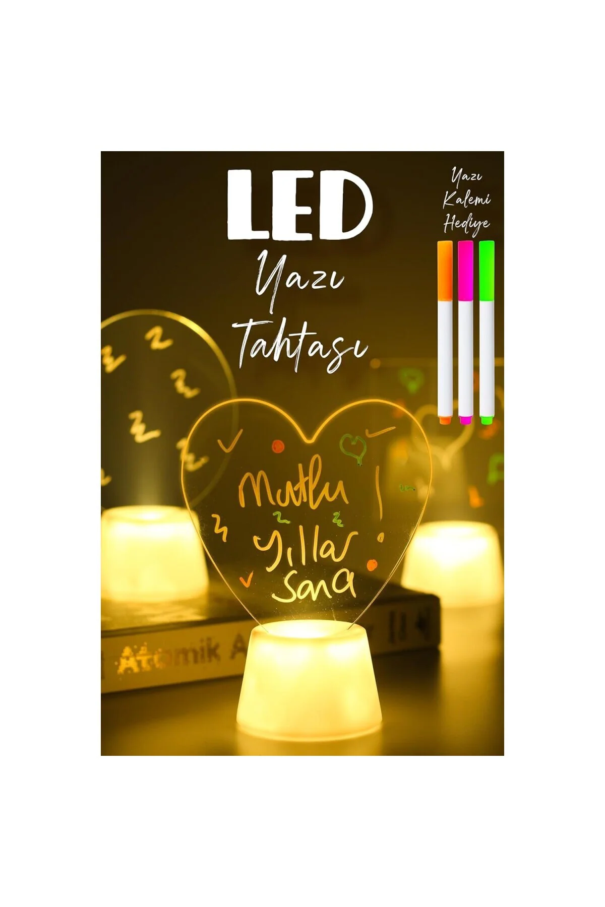 3lü LED Mum Yaz-Sil Işıklı 3 Kalemli Neon Yazı Tahtası Yazılıp Silinebilir Not Tahtası Akr