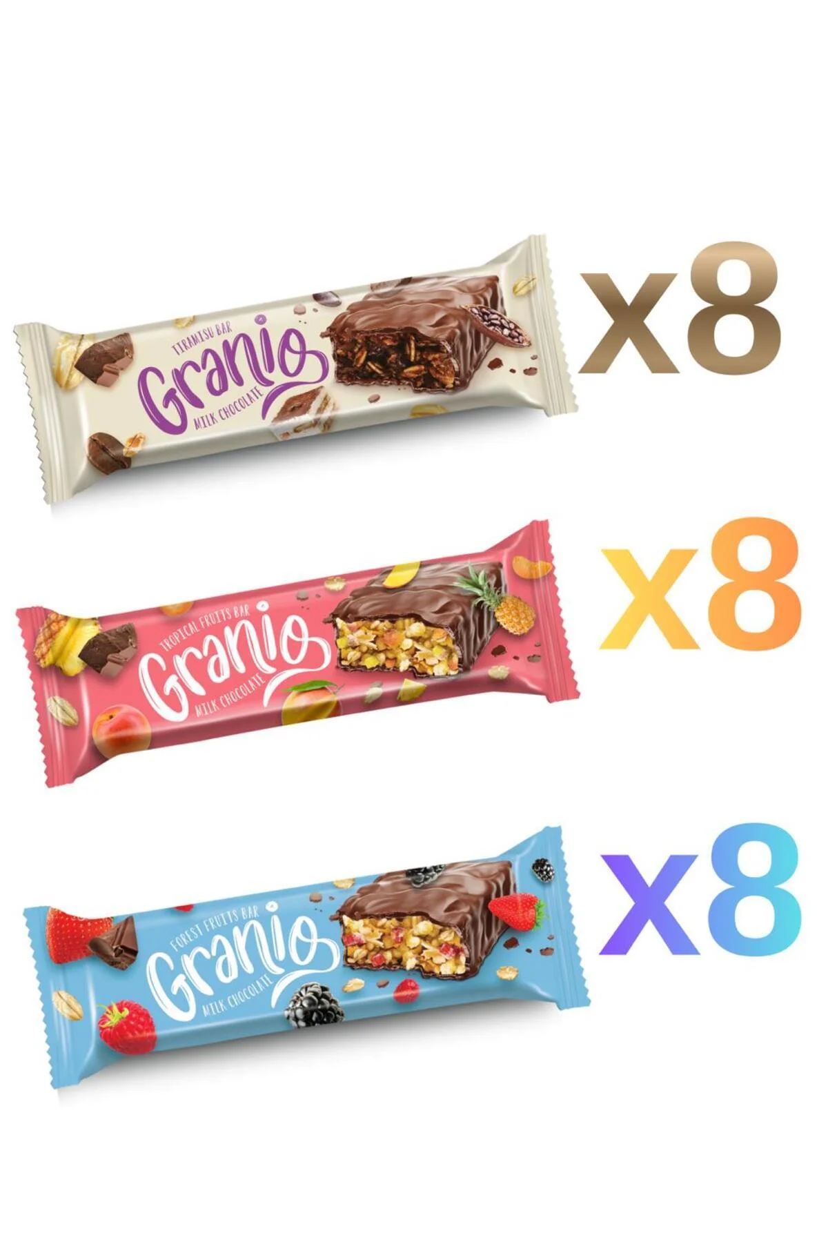 3'lü Lezzet (Tiramisu ve Kırmızı Meyveli ve Tropikal Meyveli) Tahıl Bar 40 gr X 24 Adet 3'lü Lezzet (Tiramisu ve Kırmızı Meyveli ve Tropikal Meyveli) Tahıl Bar 40 gr X 24 Adet