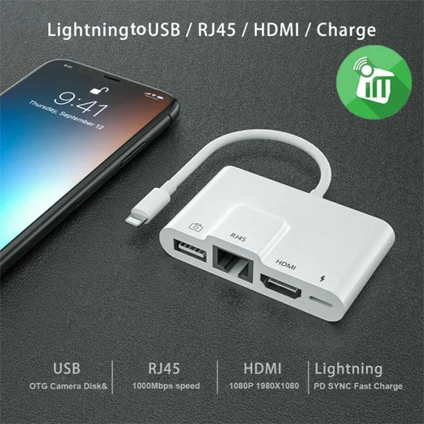 3’lü Lightning HDMI RJ45 OTG Digital AV Adaptör Hub - iPhone/iPad için 4K Çıkışlı Multimedya Dönüştürücü