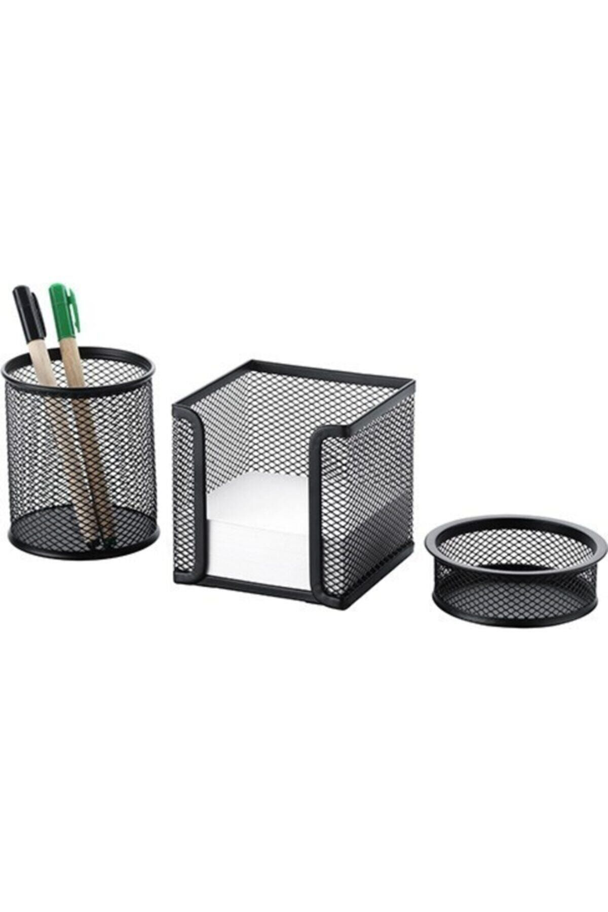 Cassa 3"Lü Masaüstü Set Siyah Tel Kalemlik, Ataşlık, Kağıtlık Fx