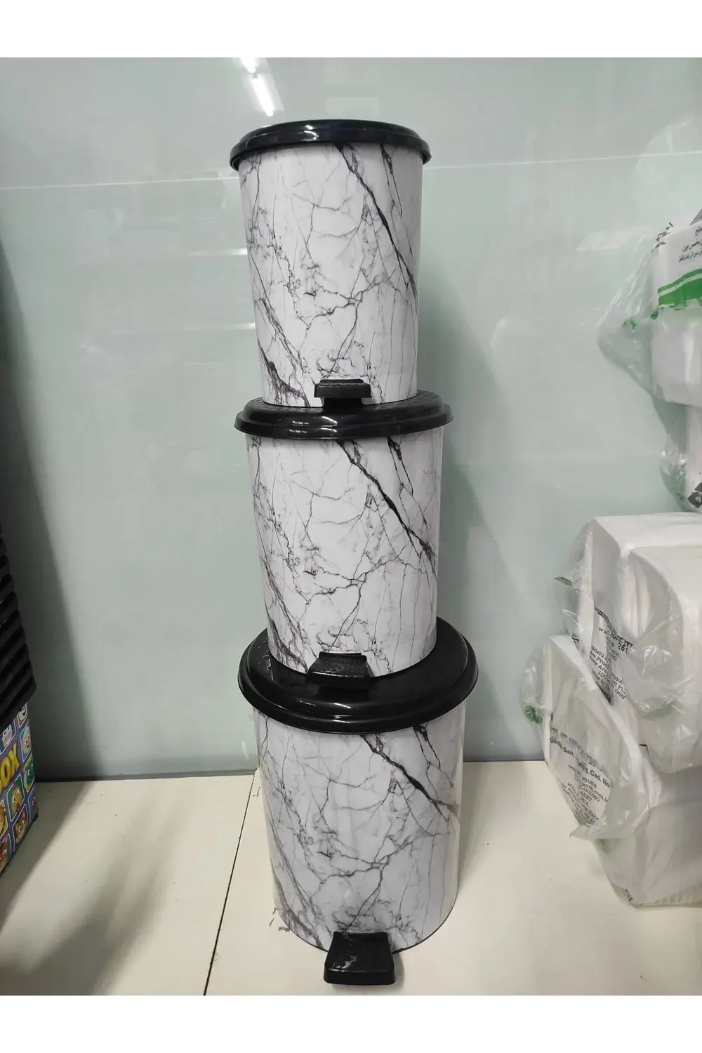 3'lü Mermer Desen Pedallı Çöp Kovası Seti