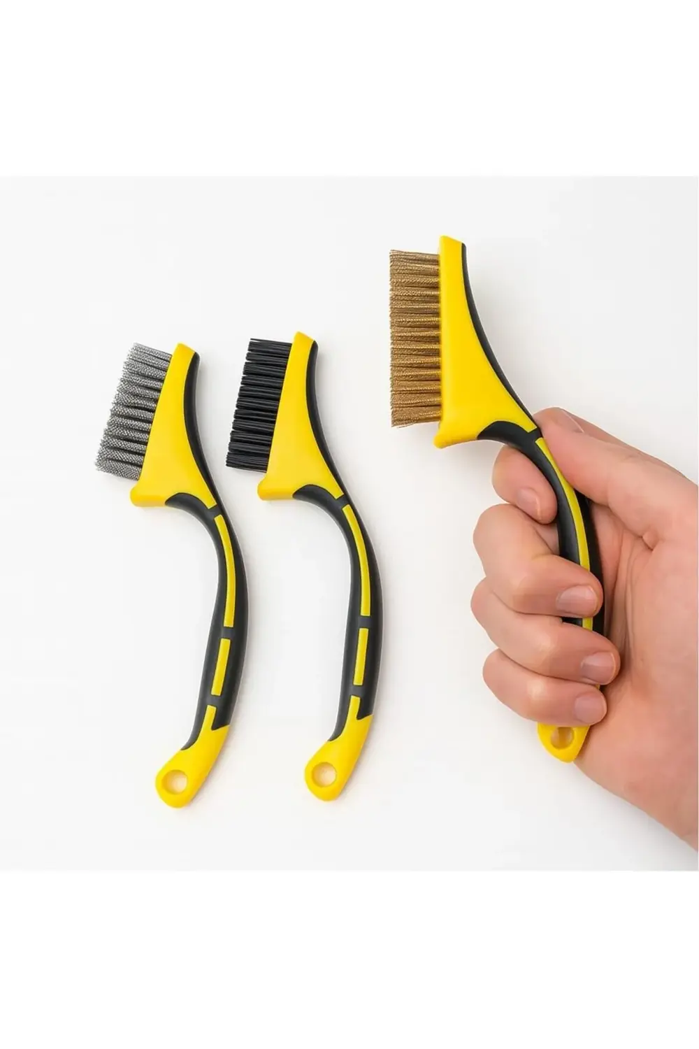 3'lü Mini Tel Fırça Seti – Paslanmaz Çelik, Pirinç (Bakır) ve Kıl