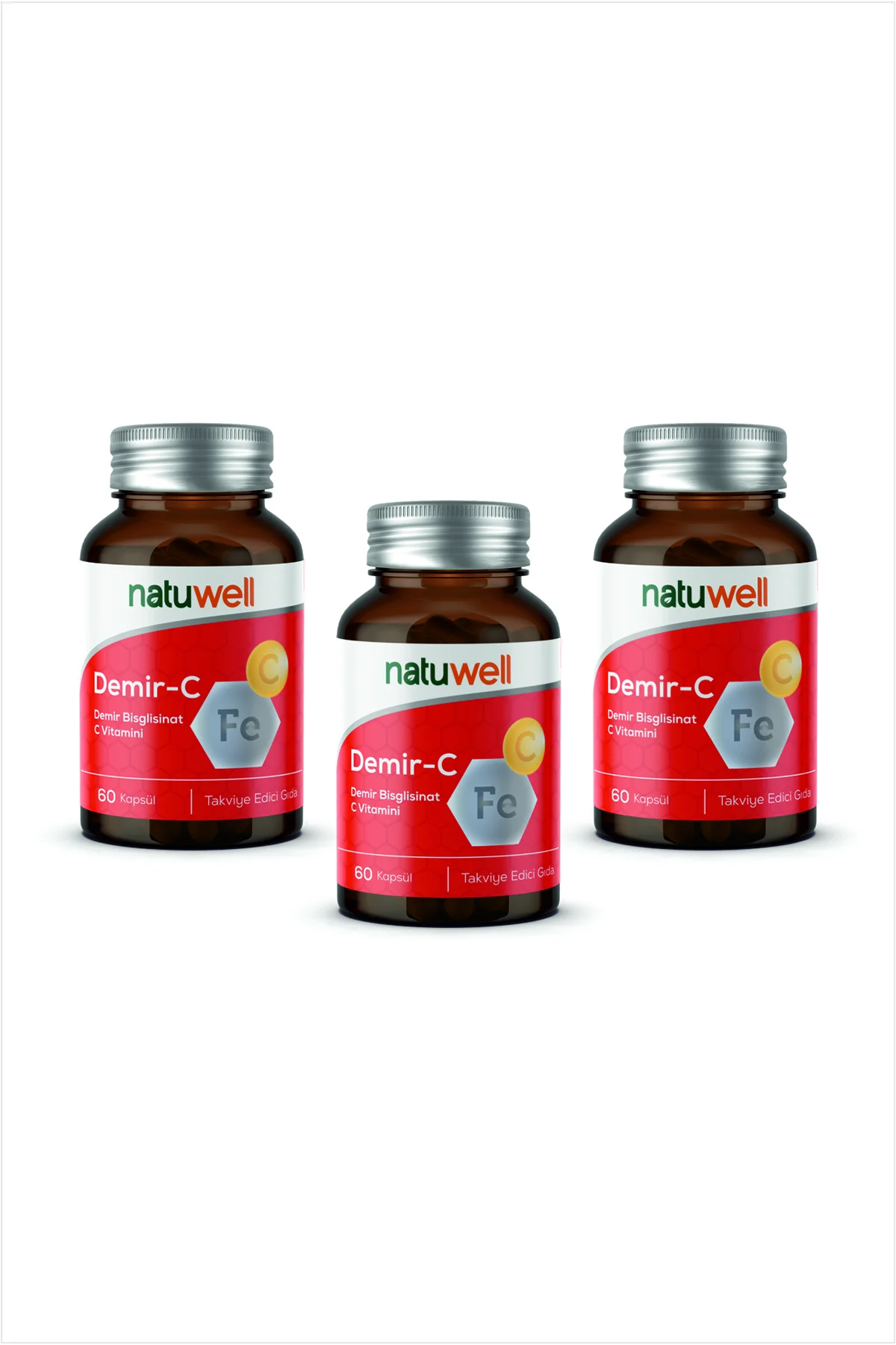 3'lü Natuwell Demir-C (Demir Bisglisinat + C Vitamini) 60 Kaps*3