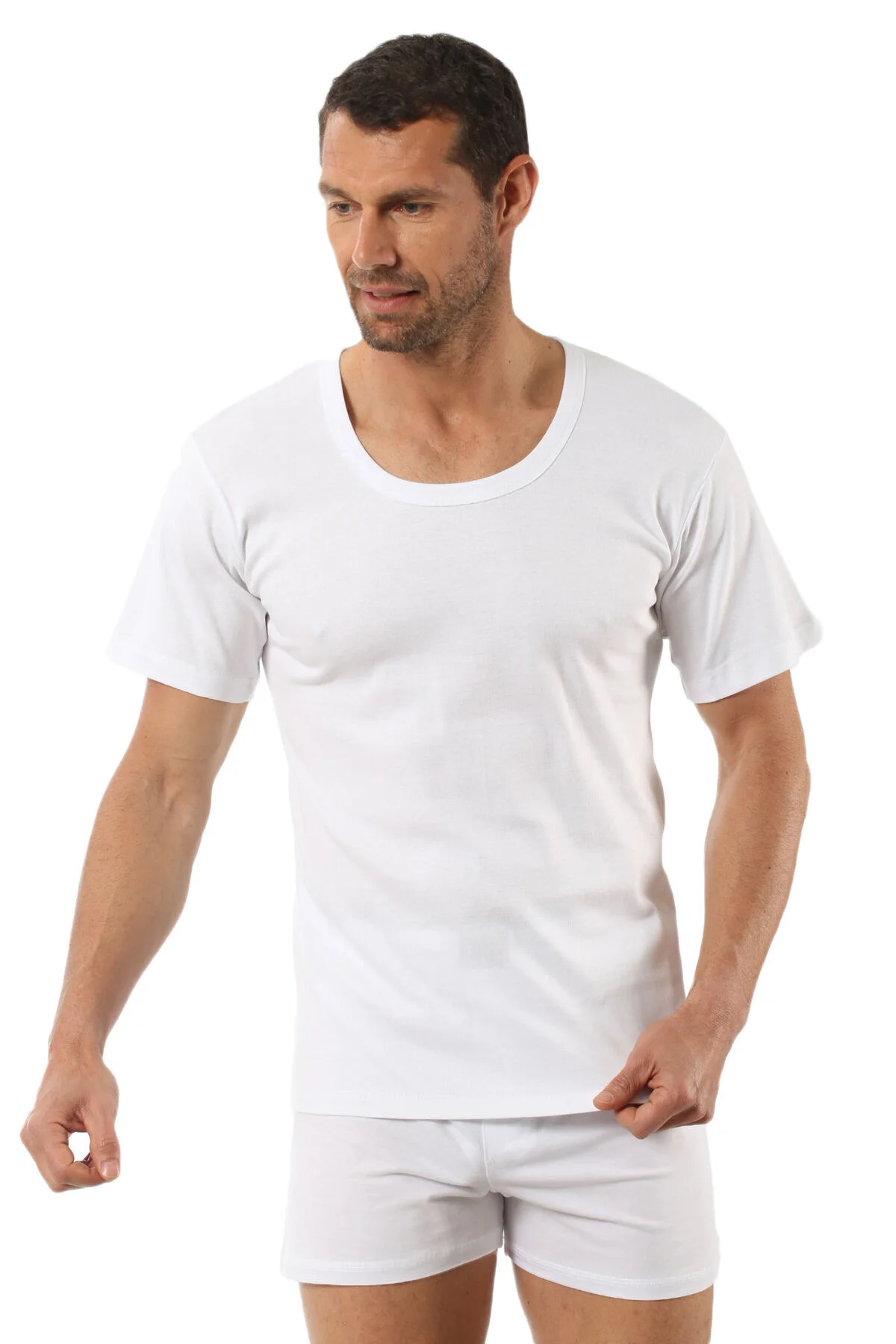 3'lü Paket Erkek Ribana Pamuklu Esnek Rahat Geniş Yaka Kısa Kollu Fanila Tişört