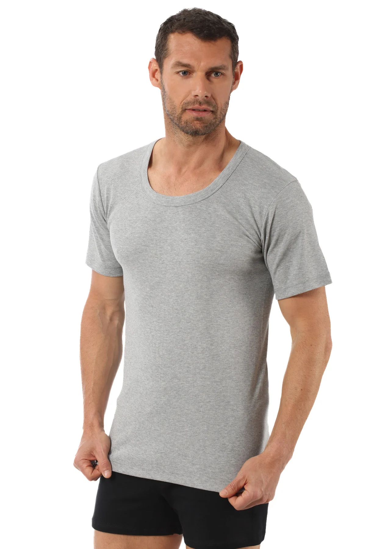 3'lü Paket Erkek Ribana Pamuklu Esnek Rahat Geniş Yaka Kısa Kollu