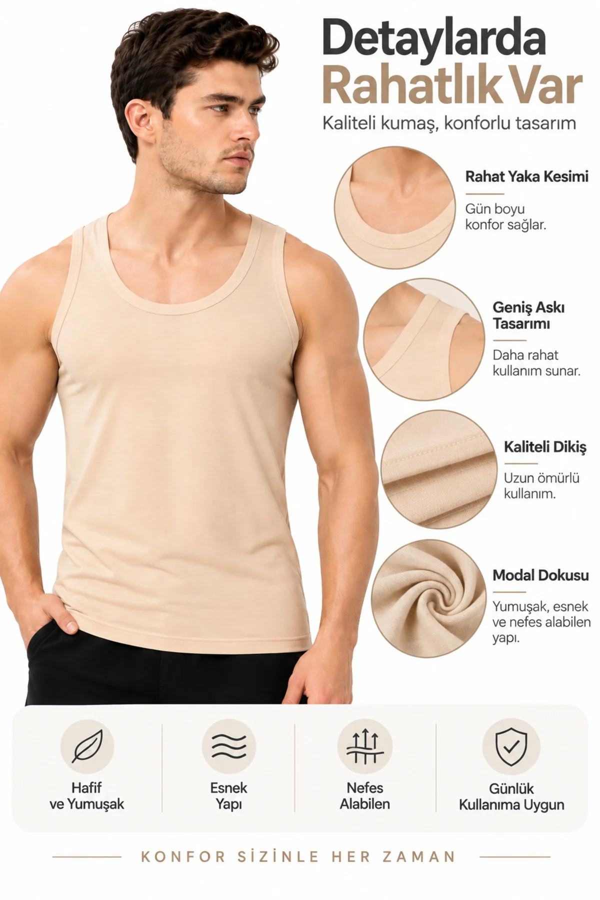 3'lü Paket Erkek Ten Rengi Modal Atlet Pamuklu Esnek Nefes Alan Yumuşak Günlük İç Giyim S M L XL 2XL