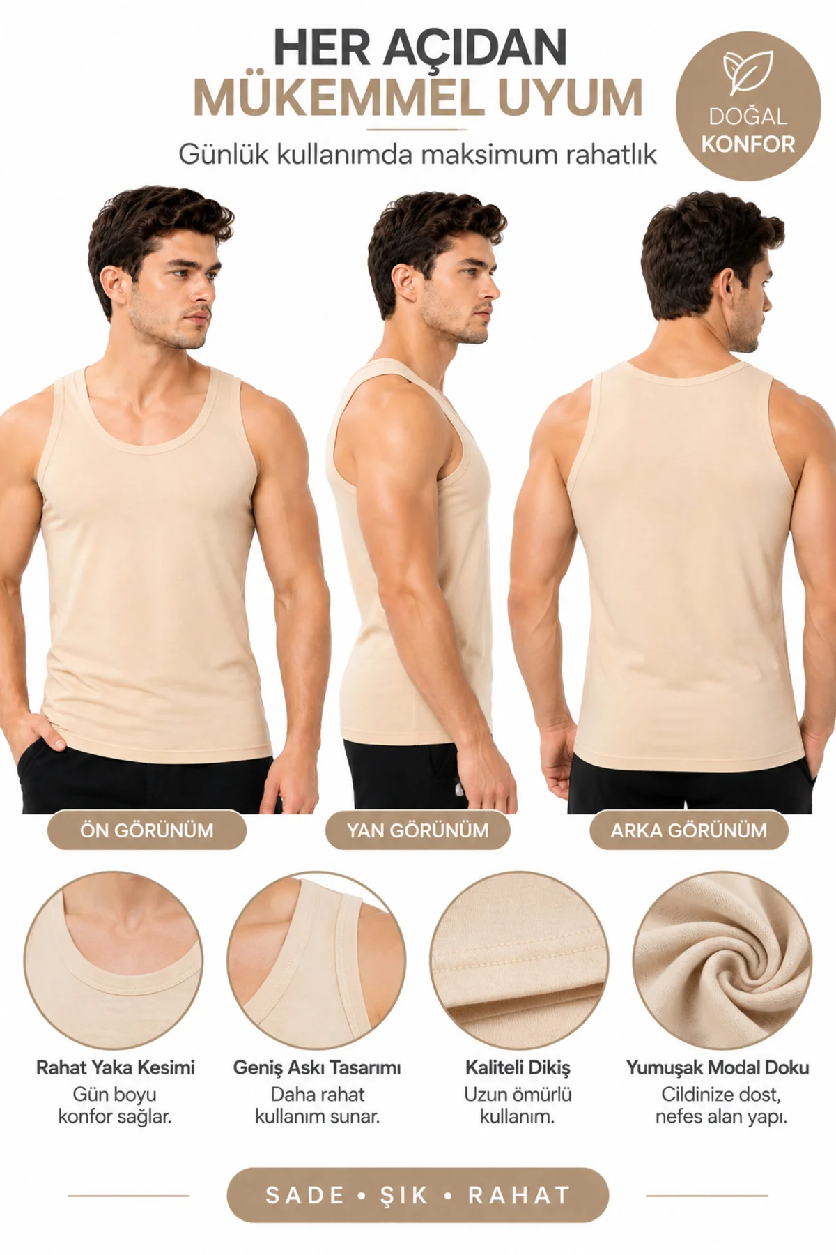 3'lü Paket Erkek Ten Rengi Modal Atlet Pamuklu Esnek Nefes Alan Yumuşak Günlük İç Giyim S M L XL 2XL
