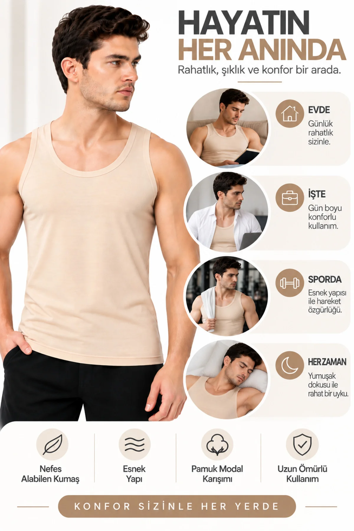 3'lü Paket Erkek Ten Rengi Modal Atlet Pamuklu Esnek Nefes Alan Yumuşak Günlük İç Giyim S M L XL 2XL