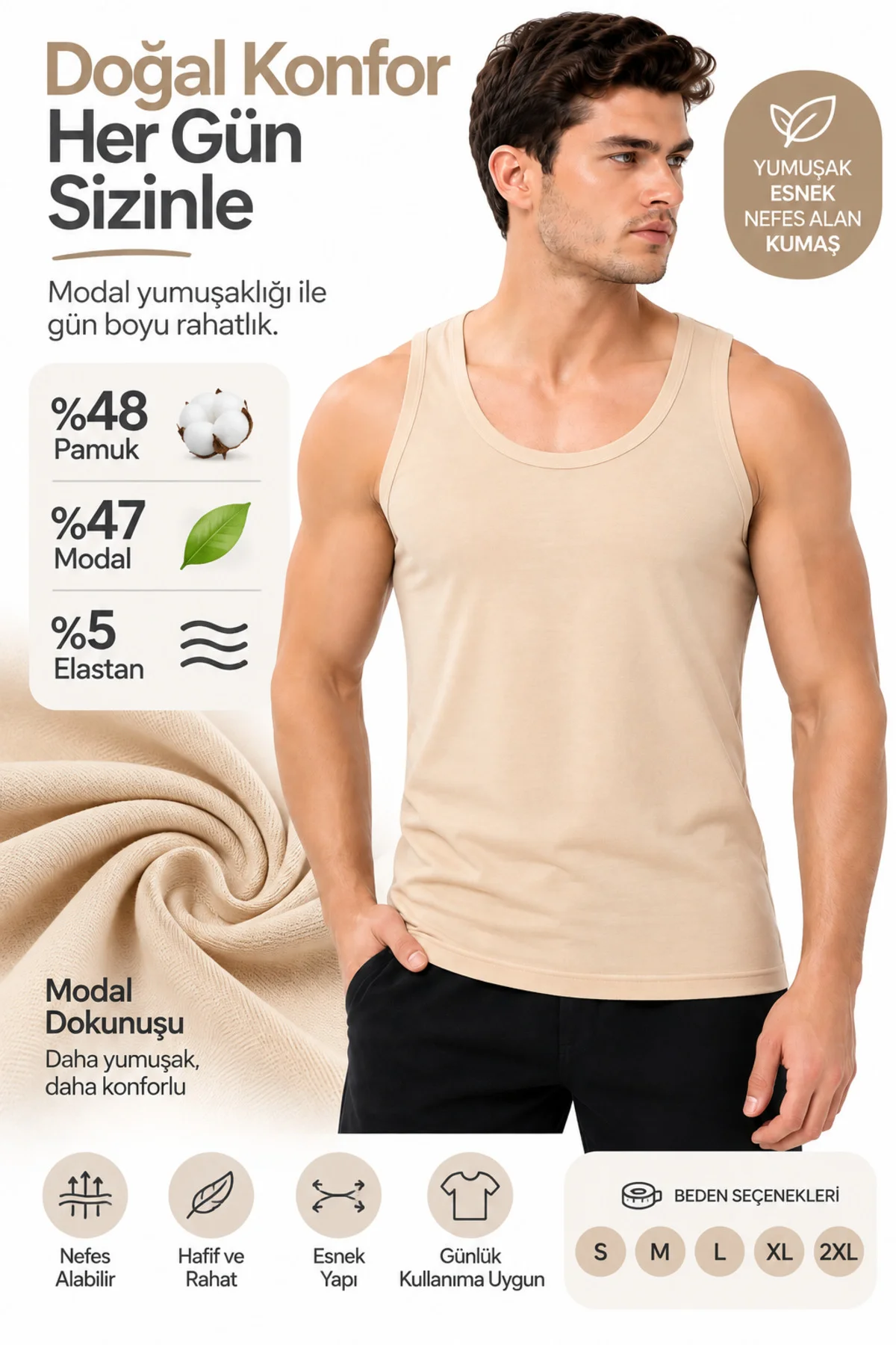 3'lü Paket Erkek Ten Rengi Modal Atlet Pamuklu Esnek Nefes Alan Yumuşak Günlük İç Giyim S M L XL 2XL