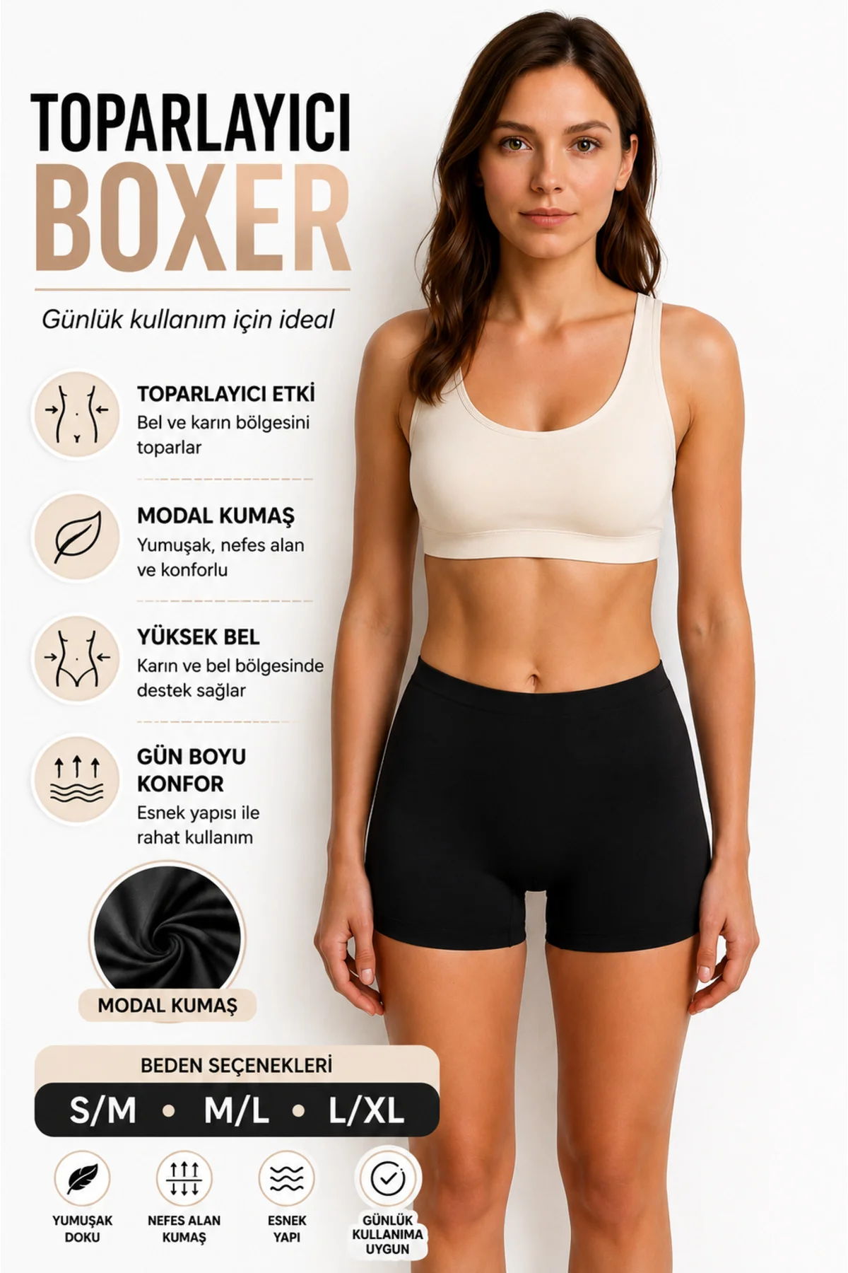 3'lü Paket Modal Kumaş Yüksek Bel Toparlayıcı Boxer Kadın Şekillendirici İç Giyim