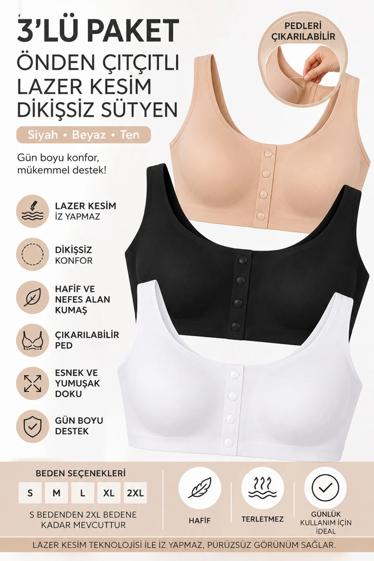 3'lü Paket Önden Çıtçıtlı Lazer Kesim Dikişsiz Sütyen Çıkarılabilir Pedli Balensiz Günlük Toparlayıcı Büstiyer Siyah Beyaz Ten S-2XL