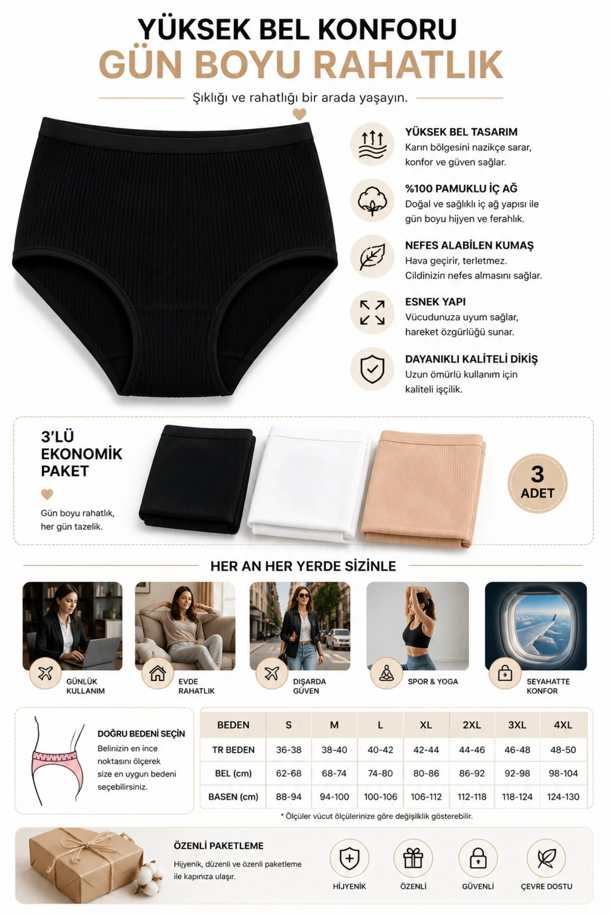 3'lü Paket Yüksek Bel Çizgili Bato Kadın Külot %100 Pamuk Geniş Kalıp Siyah Beyaz Ten M-3XL 3'lü Paket Yüksek Bel Çizgili Bato Kadın Külot %100 Pamuk Geniş Kalıp Siyah Beyaz Ten M-3XL