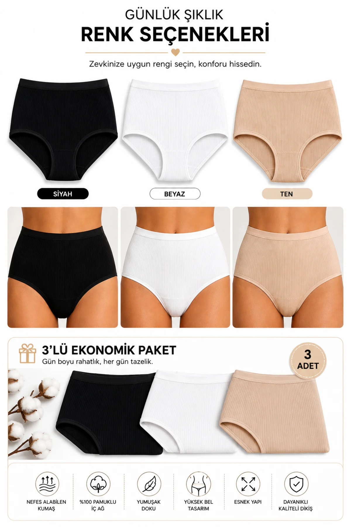 3'lü Paket Yüksek Bel Çizgili Bato Kadın Külot %100 Pamuk Geniş Kalıp Siyah Beyaz Ten M-3XL 3'lü Paket Yüksek Bel Çizgili Bato Kadın Külot %100 Pamuk Geniş Kalıp Siyah Beyaz Ten M-3XL