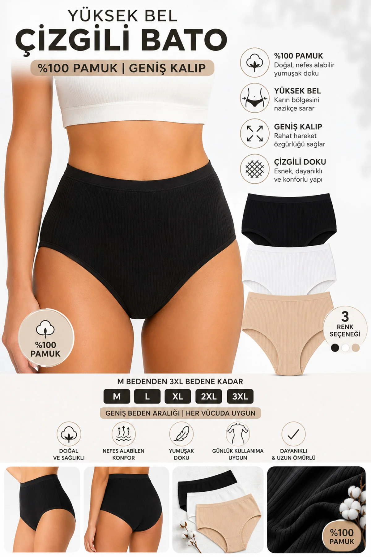 3'lü Paket Yüksek Bel Çizgili Bato Kadın Külot %100 Pamuk Geniş Kalıp Siyah Beyaz Ten M-3XL 3'lü Paket Yüksek Bel Çizgili Bato Kadın Külot %100 Pamuk Geniş Kalıp Siyah Beyaz Ten M-3XL