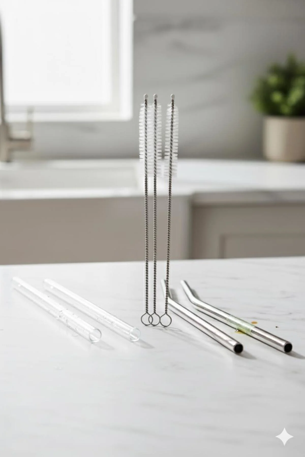 3'lü Paslanmaz Çelik Pipet Temizleme Fırçası Seti, Metal Cam Bamb