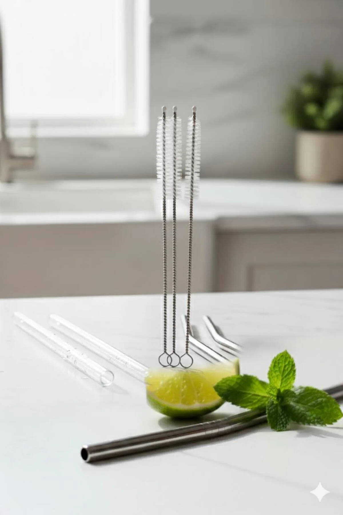 3'lü Paslanmaz Çelik Pipet Temizleme Fırçası Seti, Metal Cam Bamb