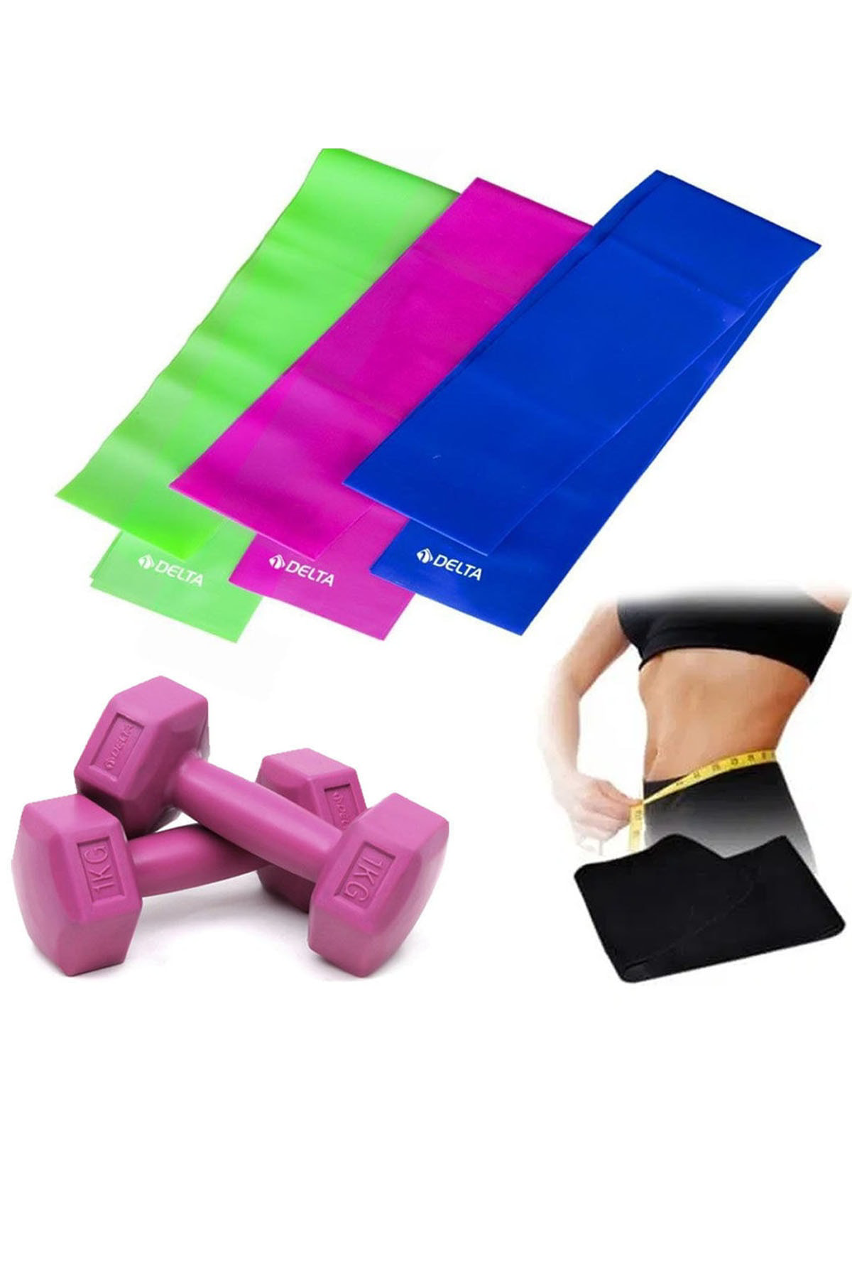 Delta 3'Lü Pilates Direnç Bandi 120X7.5 Cm Hafif Orta Sert + 1Kg Dambil