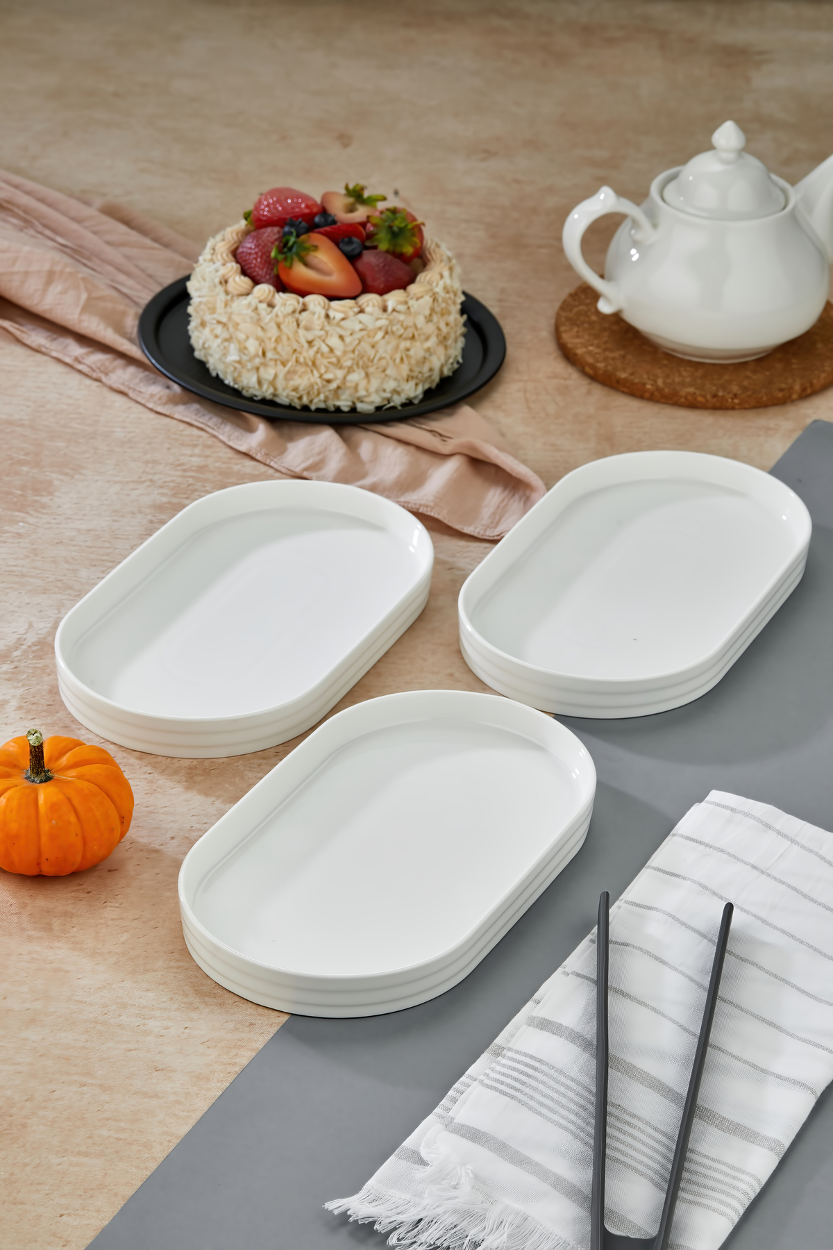 3’lü Porselen 26cm Dikdörtgen Servis ve Sunum Tabağı ”