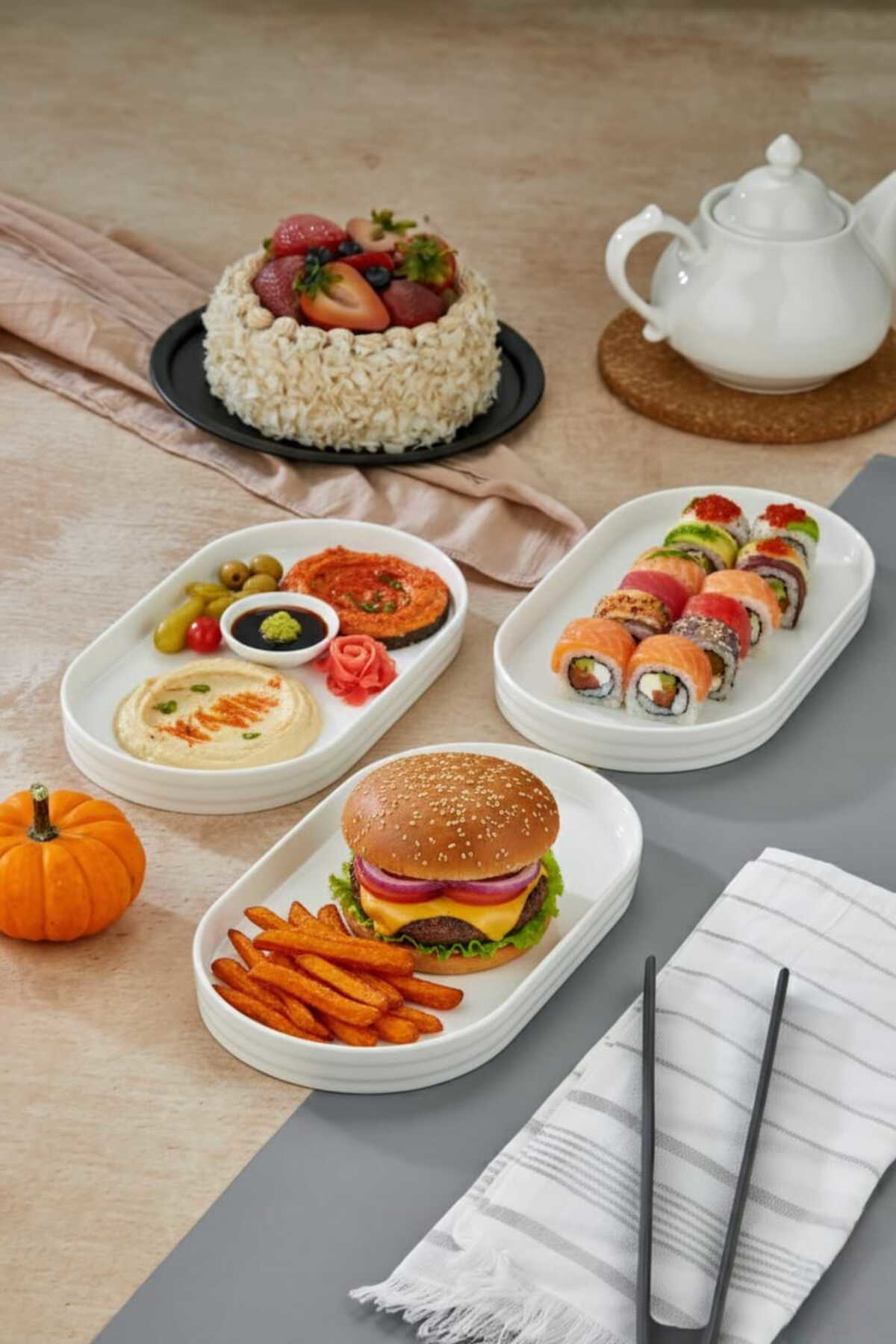 3’lü Porselen 26cm Dikdörtgen Servis ve Sunum Tabağı ”