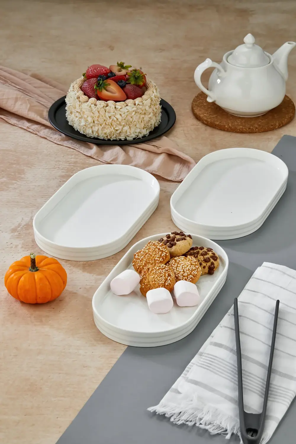 3’lü Porselen Dikdörtgen Servis ve Sunum Tabağı 26x15 cm”