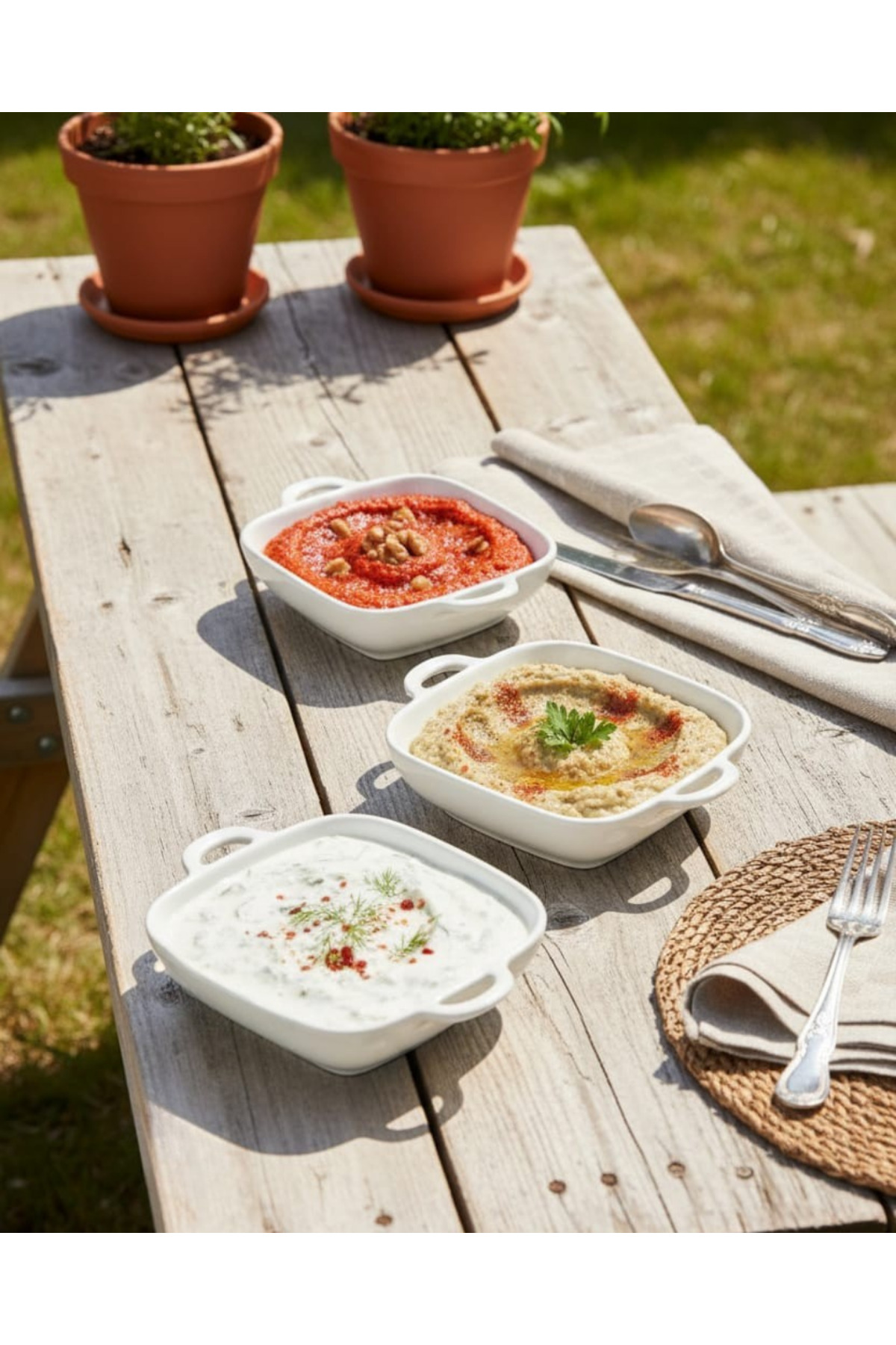 3'lü Porselen Kulplu Kare Sunum ve Meze Kasesi 15x12x3,5 cm – Şık 3'lü Porselen Kulplu Kare Sunum ve Meze Kasesi 15x12x3,5 cm – Şık