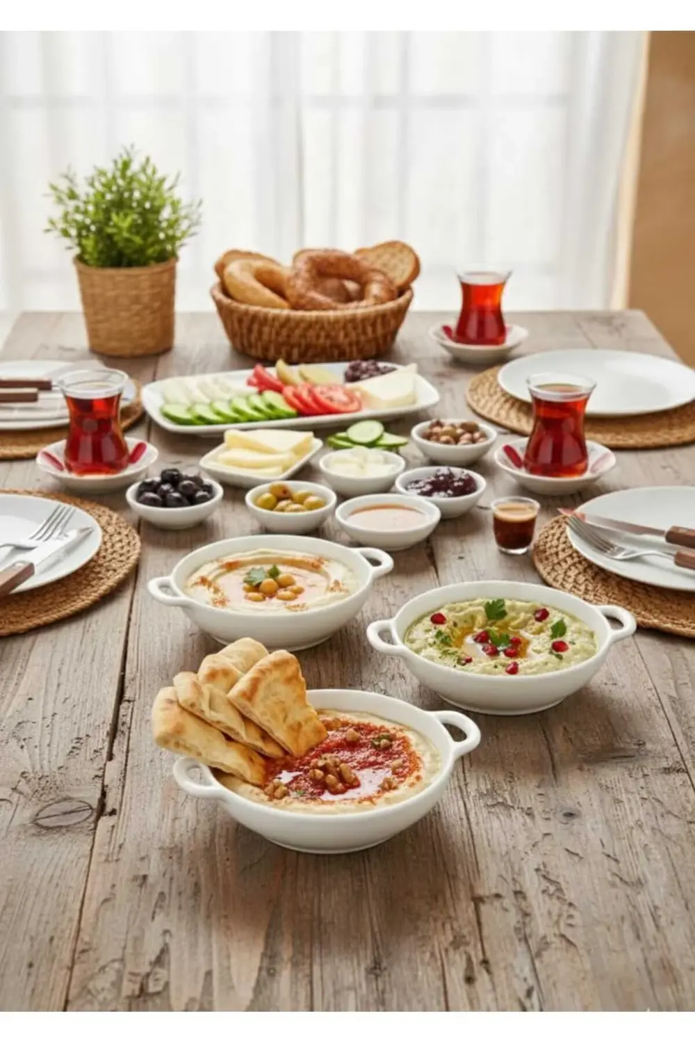 3’lü Porselen Kulplu Yuvarlak Sunum ve Meze Kasesi Seti 15x12x3,5