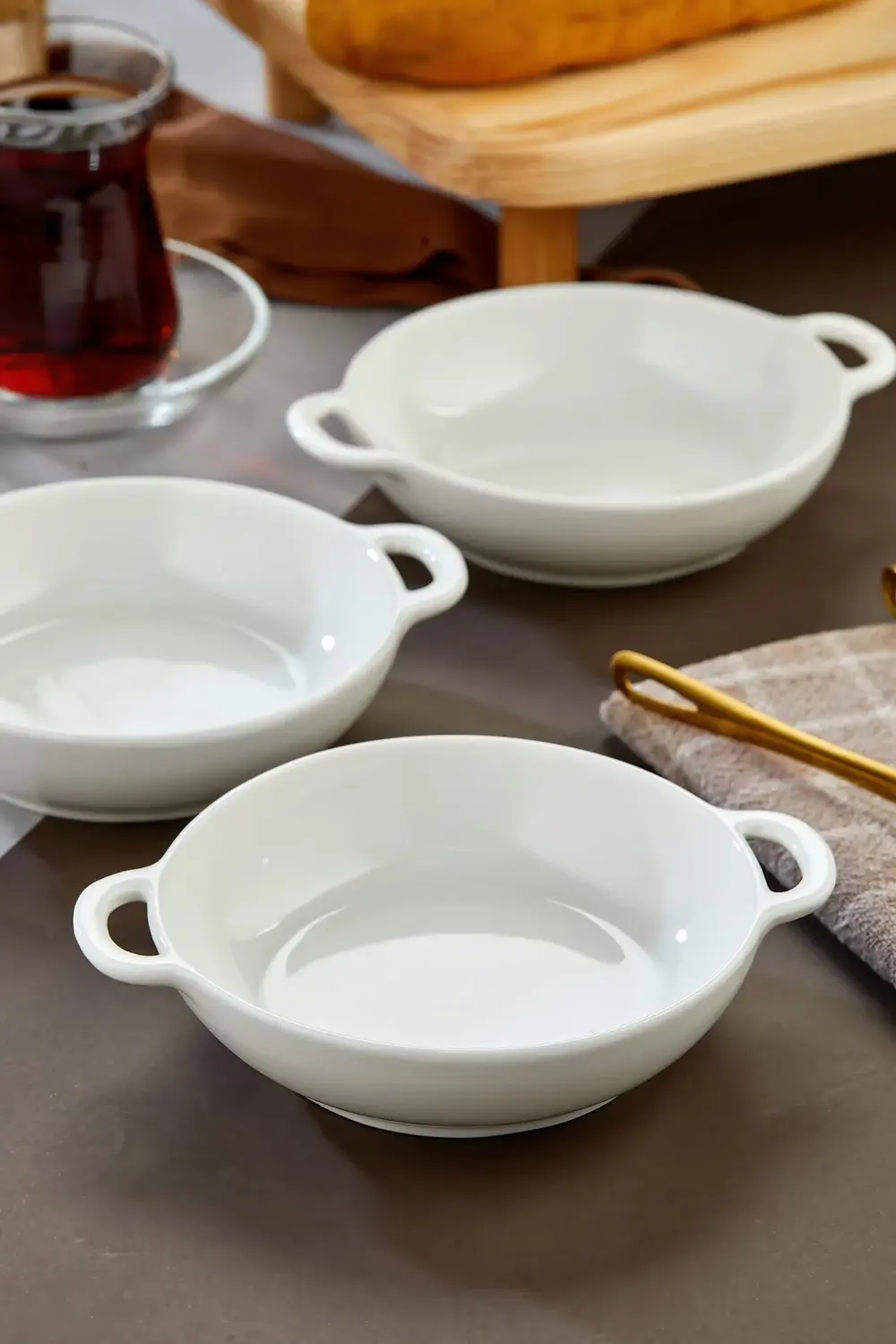 3’lü Porselen Kulplu Yuvarlak Sunum ve Meze Kasesi Seti 15x12x3,5