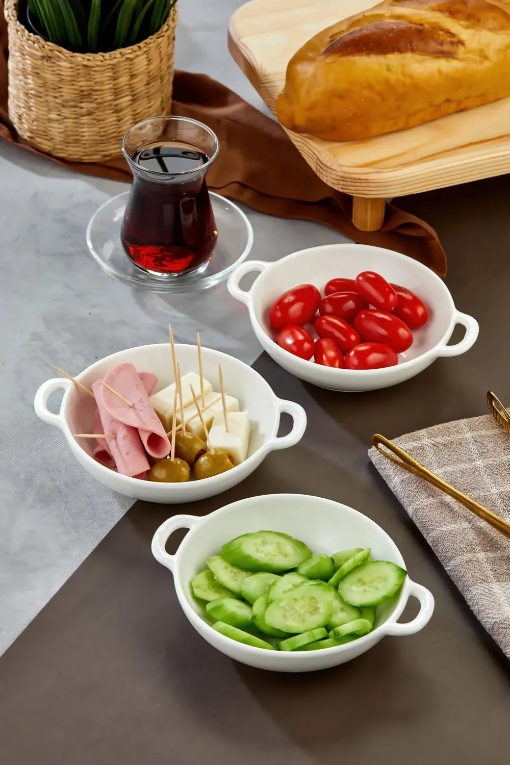 3’lü Porselen Kulplu Yuvarlak Sunum ve Meze Kasesi Seti 15x12x3,5