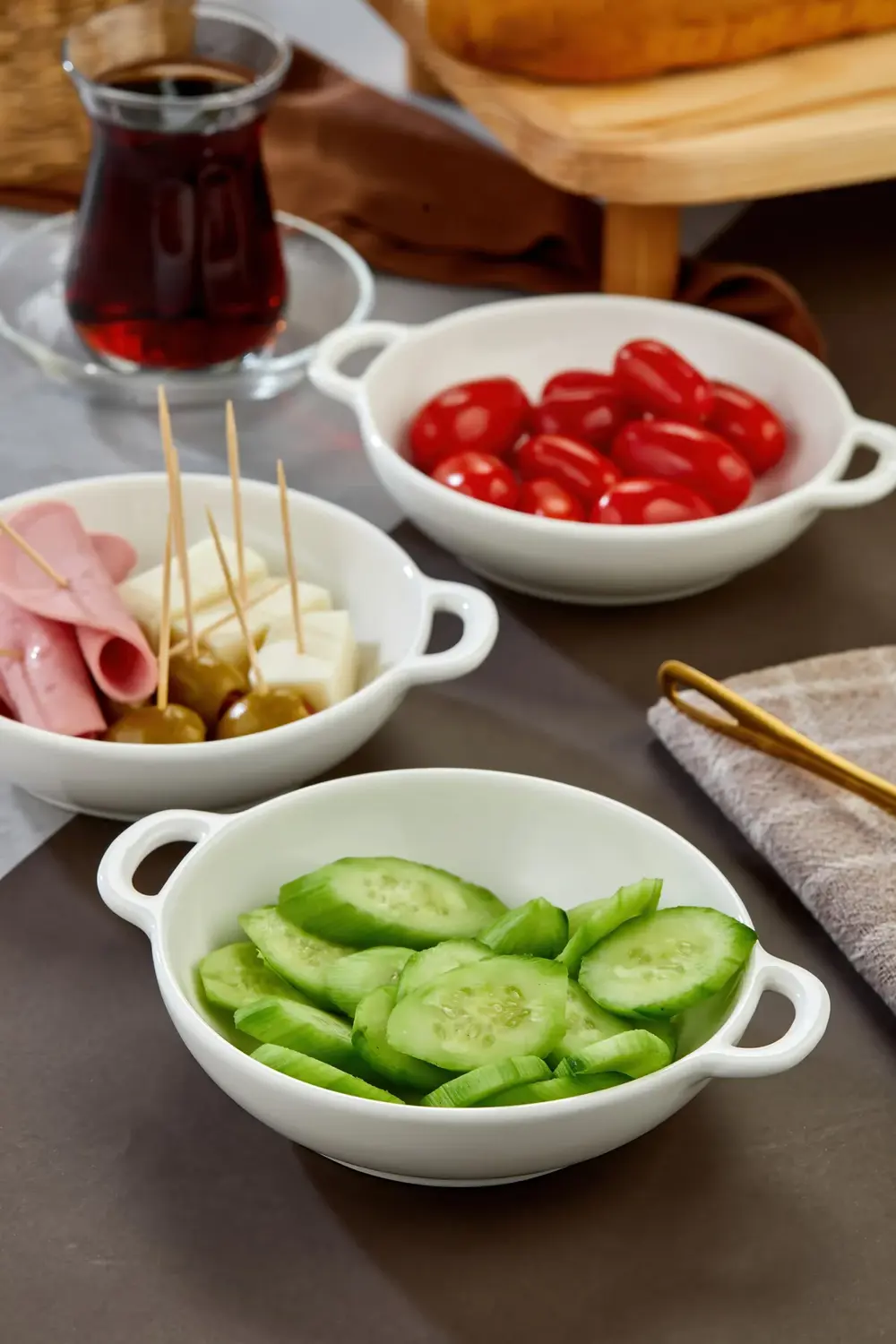 3’lü Porselen Kulplu Yuvarlak Sunum ve Meze Kasesi Seti 15x12x3,5