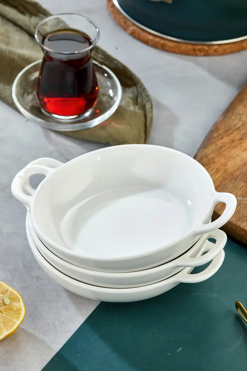 3’lü Porselen Oval Kulplu Meze ve Servis Kasesi Seti 19x15x4,5 cm