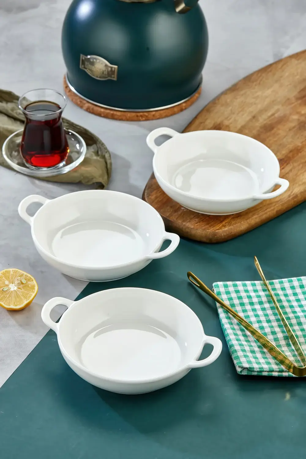 3’lü Porselen Oval Kulplu Meze ve Servis Kasesi Seti 19x15x4,5 cm