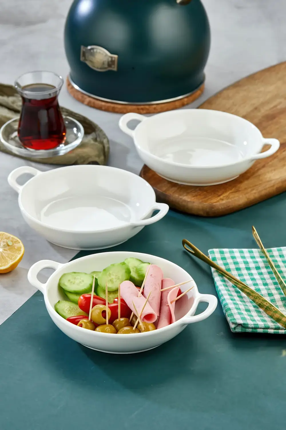 3’lü Porselen Oval Kulplu Meze ve Servis Kasesi Seti 19x15x4,5 cm