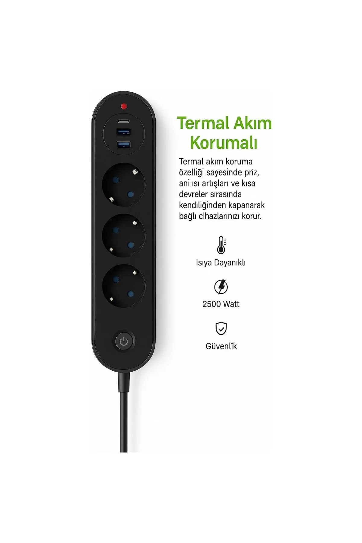3’lü Priz | 2 USB-A + 1 USB-C | Termal Akım Korumalı, 2500W Güç, 