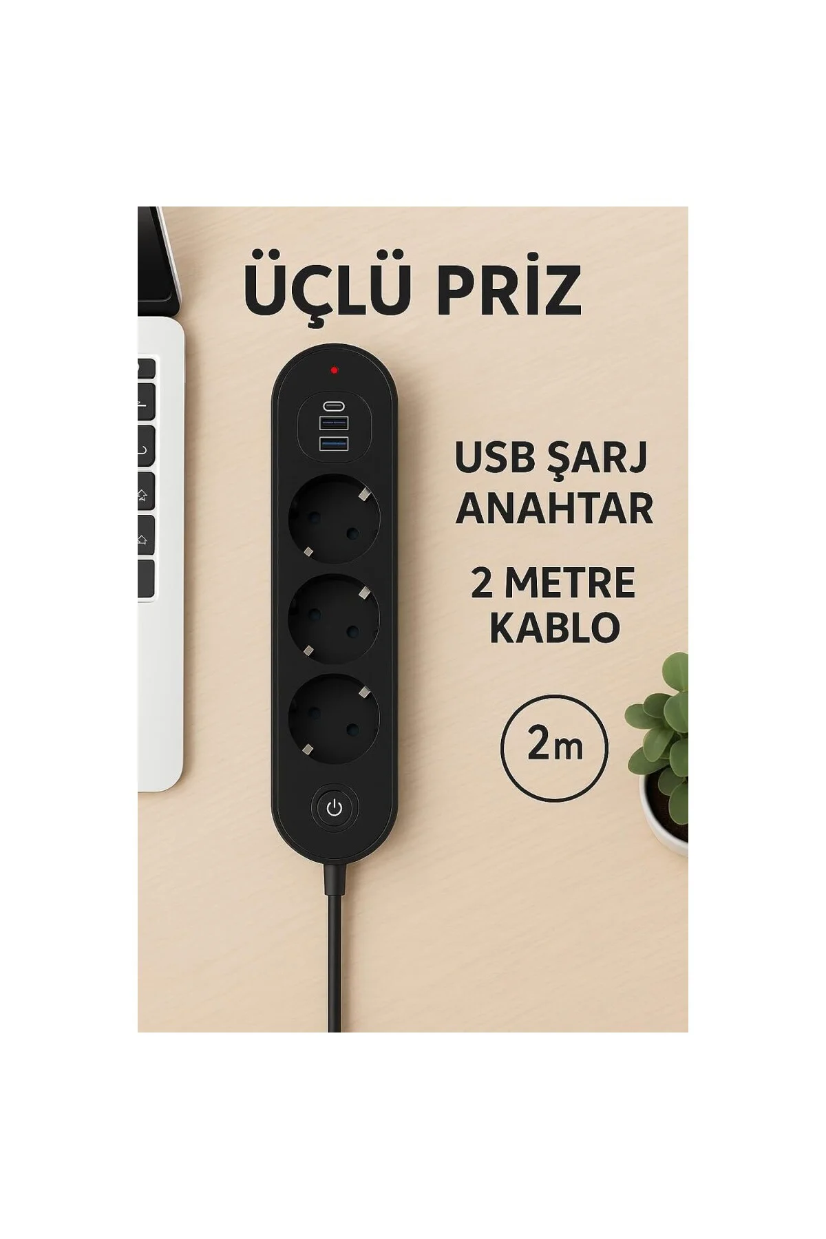 3’lü Priz | 2 USB-A + 1 USB-C | Termal Akım Korumalı, 2500W Güç, 