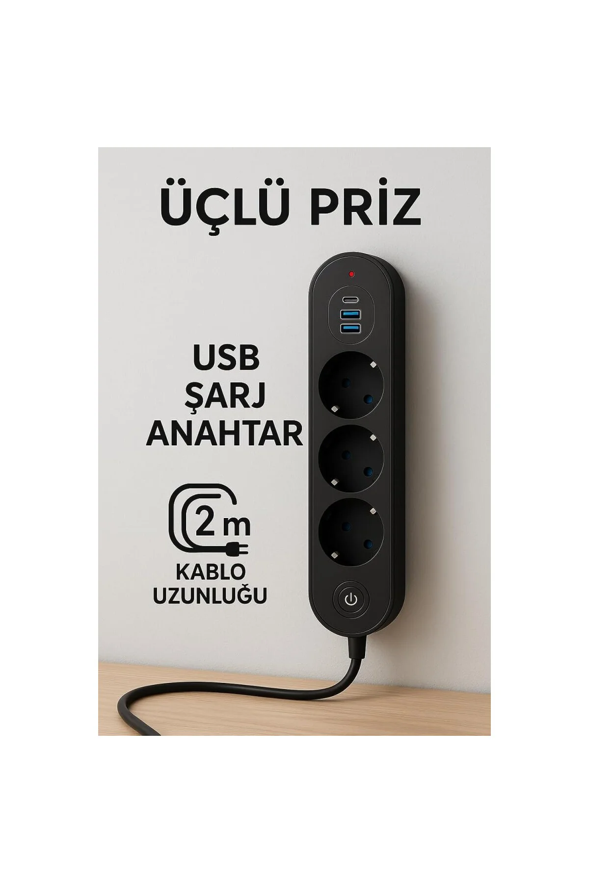3’lü Priz | 2 USB-A + 1 USB-C | Termal Akım Korumalı, 2500W Güç, 