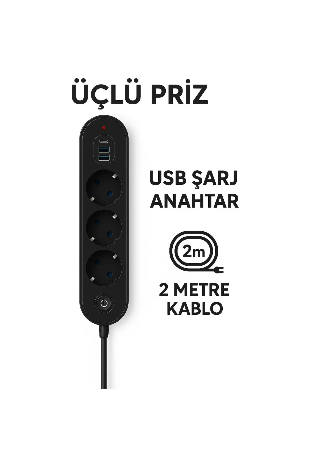 3’lü Priz | 2 USB-A + 1 USB-C | Termal Akım Korumalı, 2500W Güç, 