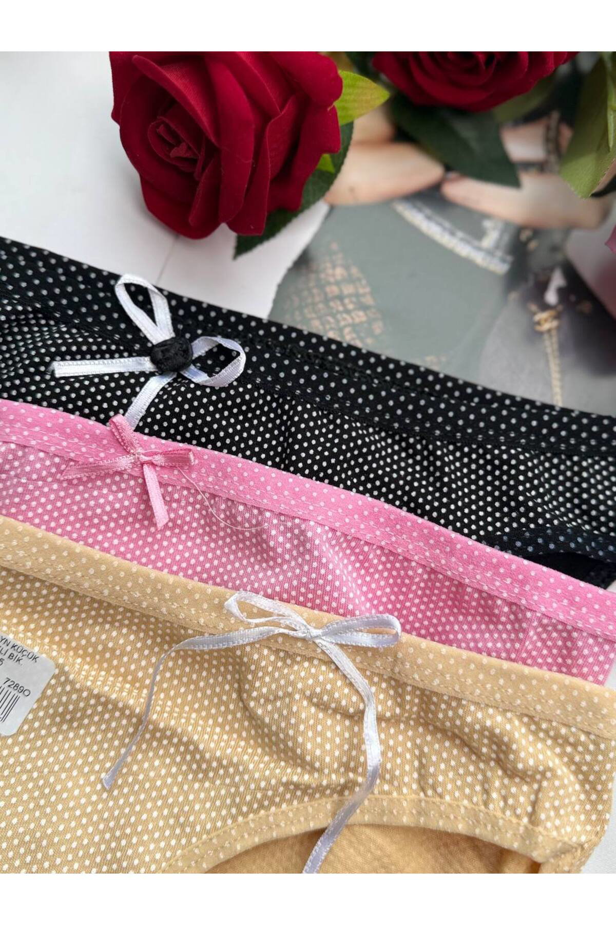 3'lü Puantiyeli Kurdeleli Kadın Külot Seti - Siyah/Pembe/Bej