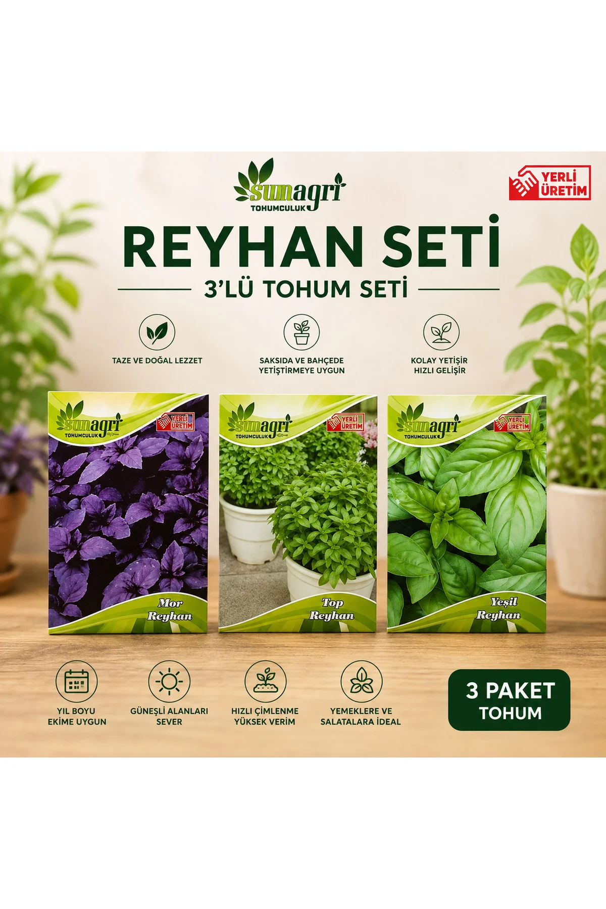 3’lü Reyhan Tohumu Seti – Mor Reyhan, Top Reyhan, Yeşil Reyhan Tohumu – Saksı ve Bahçe İçin Fiyatı, Yorumları ve Özellikleri