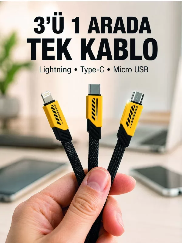 3'lü Şarj Kablosu - Hızlı Şarj Destekli Örgü USB Kablosu (Lightning/Type-C/Micro USB)