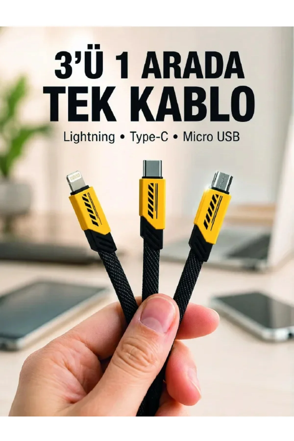 3'lü Şarj Kablosu Hızlı Şarj Destekli Dayanıklı Örgü USB Kablo