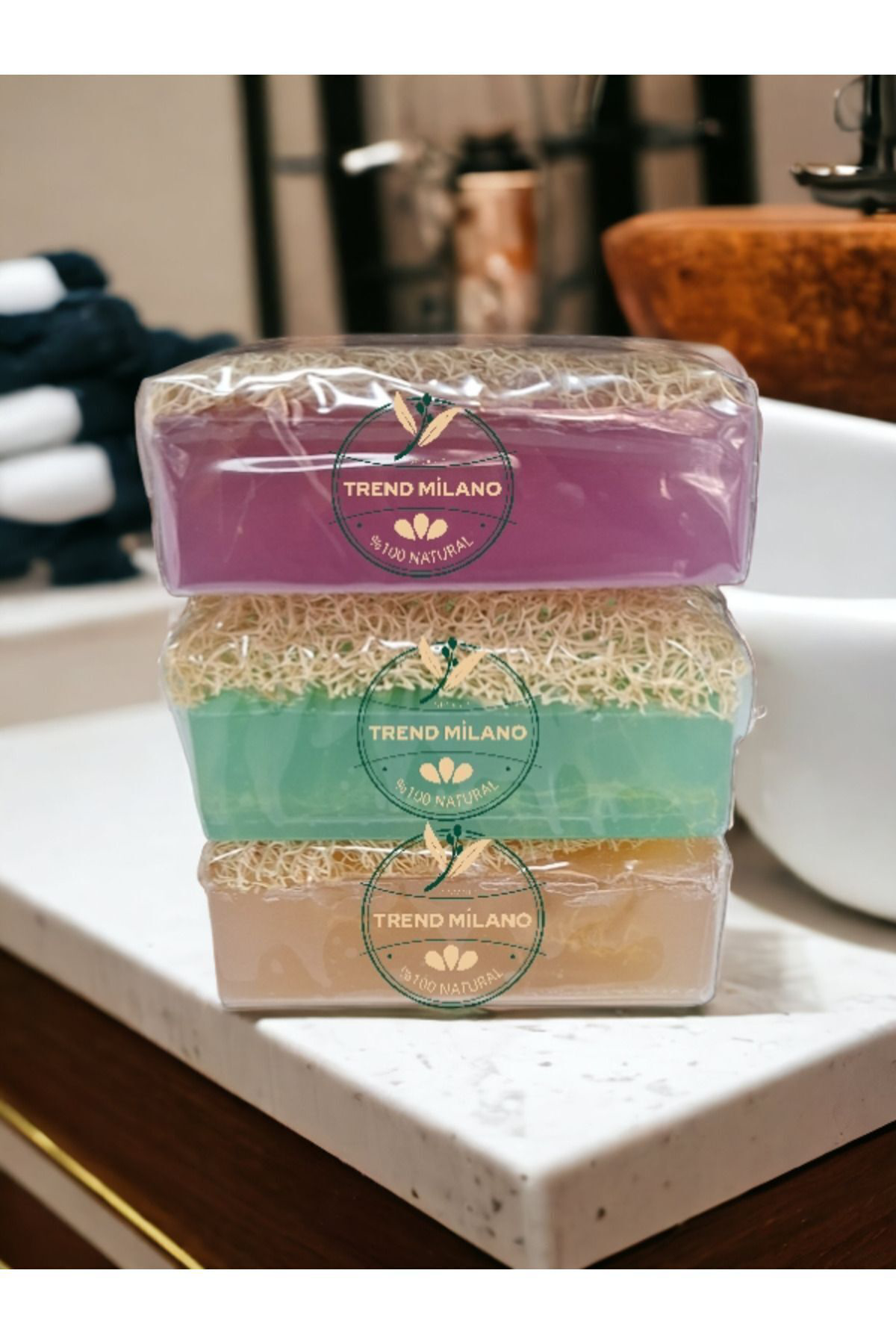 Trendmilano 3Lü Set Doğal Kabak Lifli Sabun Aloe Vera - Lavanta - Pirinç Özlü