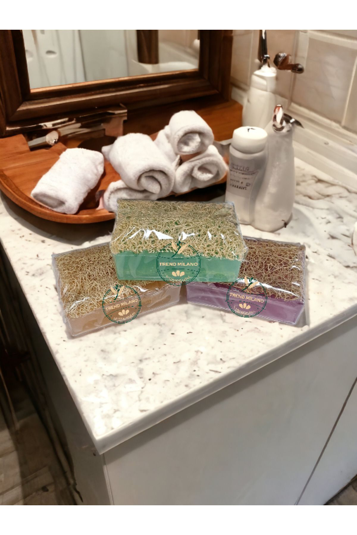 Trendmilano 3Lü Set Doğal Kabak Lifli Sabun Aloe Vera - Lavanta - Pirinç Özlü