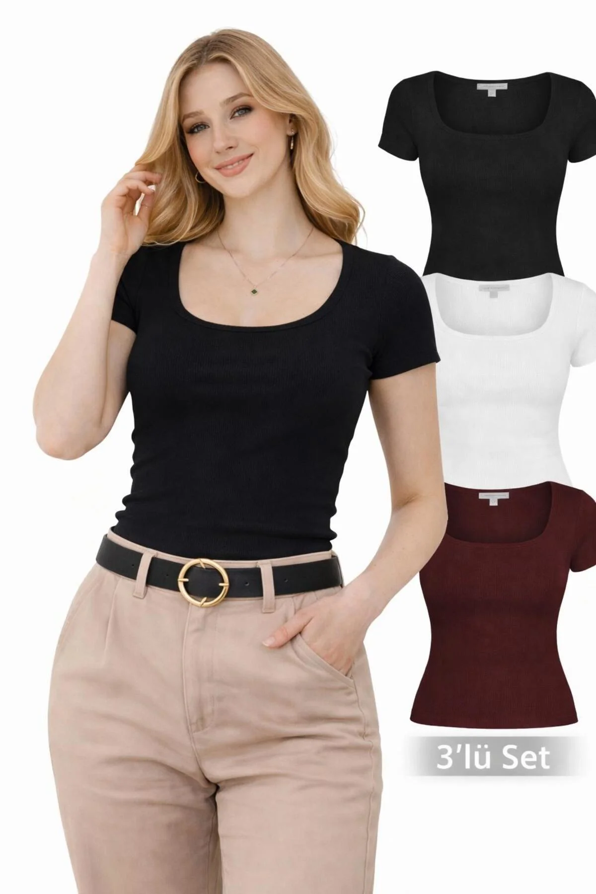 3'lü Set Kadın U Yaka Basic Bluz, Esnek Fitilli Günlük T-Shirt, T