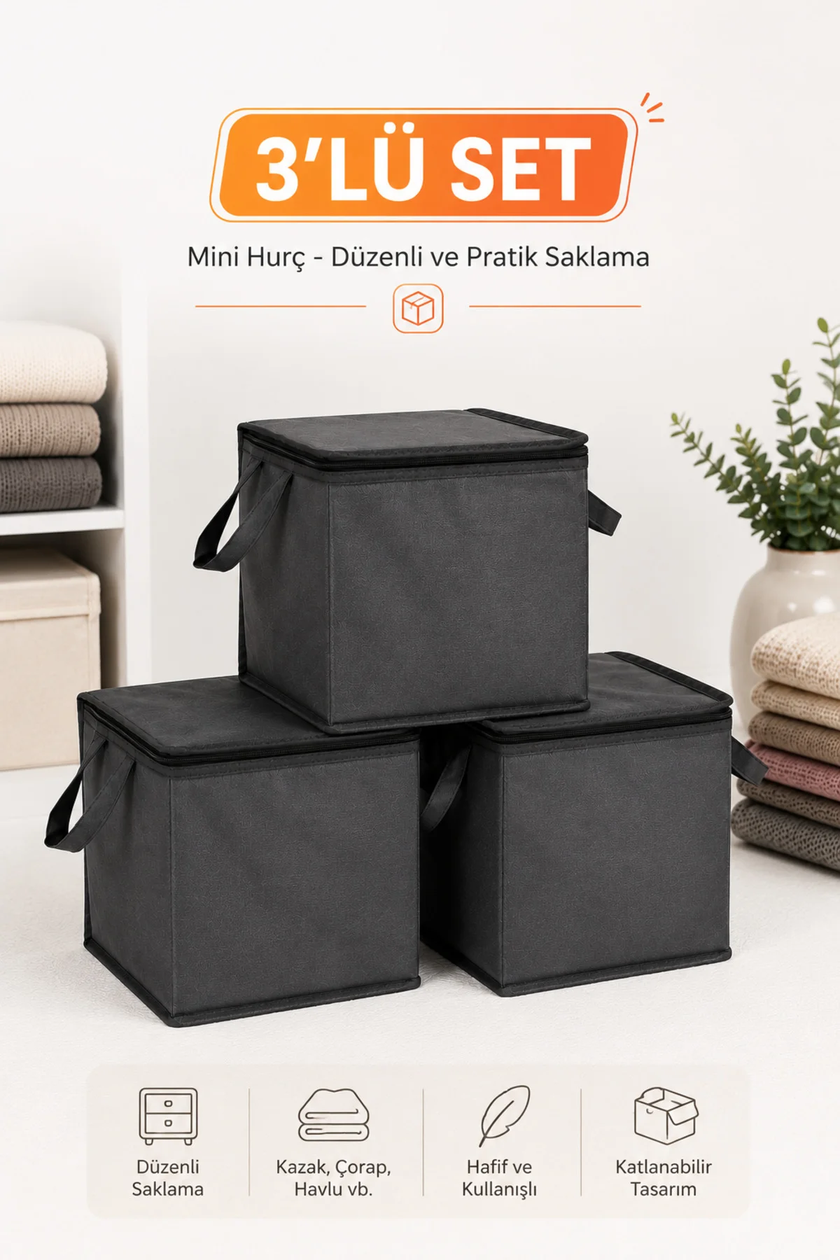 3’lü Set Mini Hurç Antrasit 25x25x25 cm Fermuarlı Çorap Kazak Havlu Saklama Hurcu 3’lü Set Mini Hurç Antrasit 25x25x25 cm Fermuarlı Çorap Kazak Havlu Saklama Hurcu
